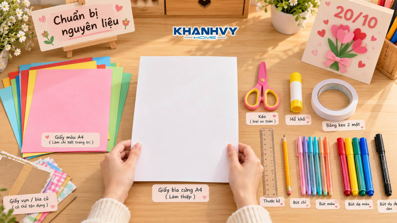 Chuẩn bị nguyên liệu: Giấy A4, kéo, keo dán và bút màu được bày sẵn trên bàn