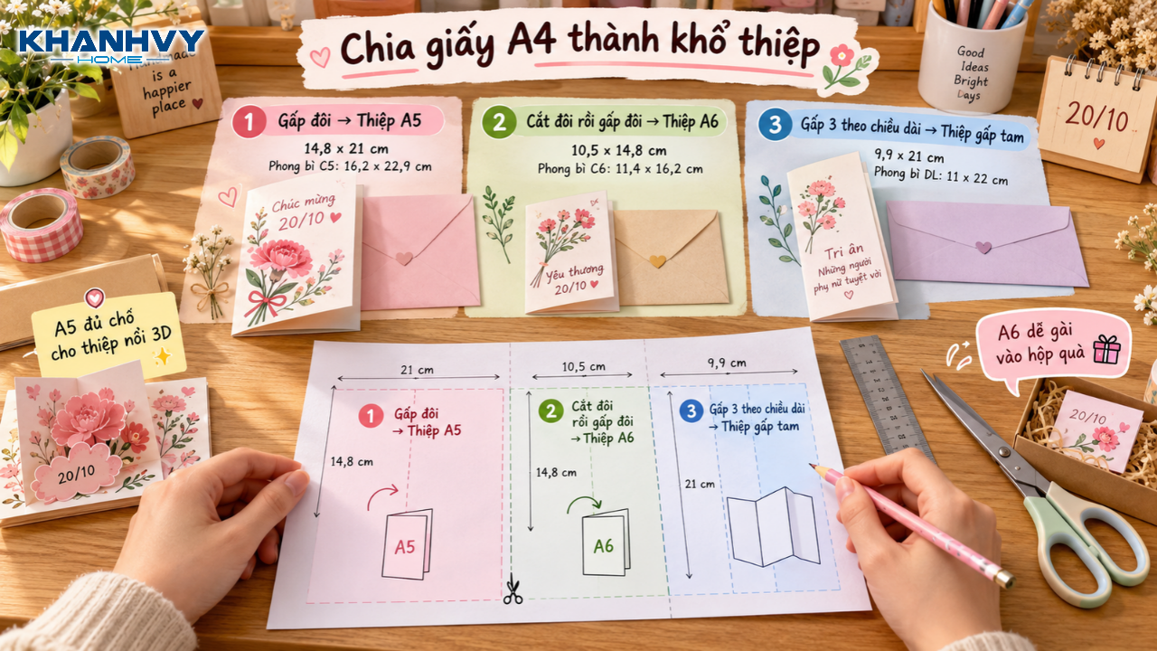 Chia khổ giấy: Tờ giấy A4 được minh họa cách gấp thành thiệp A5, A6 và gấp ba