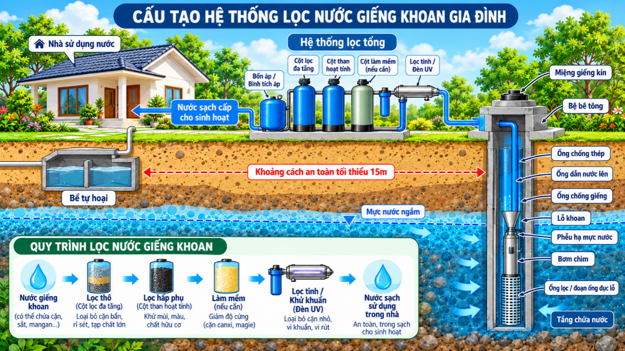 Hệ thống lọc nước giếng khoan gia đình gồm các cột lọc, vật liệu xử lý và van điều khiển.