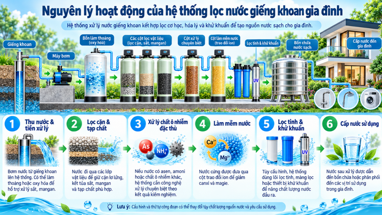Nguyên lý lọc nước giếng khoan bao gồm nhiều giai đoạn từ tiền xử lý, lọc cơ học, lọc RO, khử trùng, giúp bảo vệ sức khỏe con người