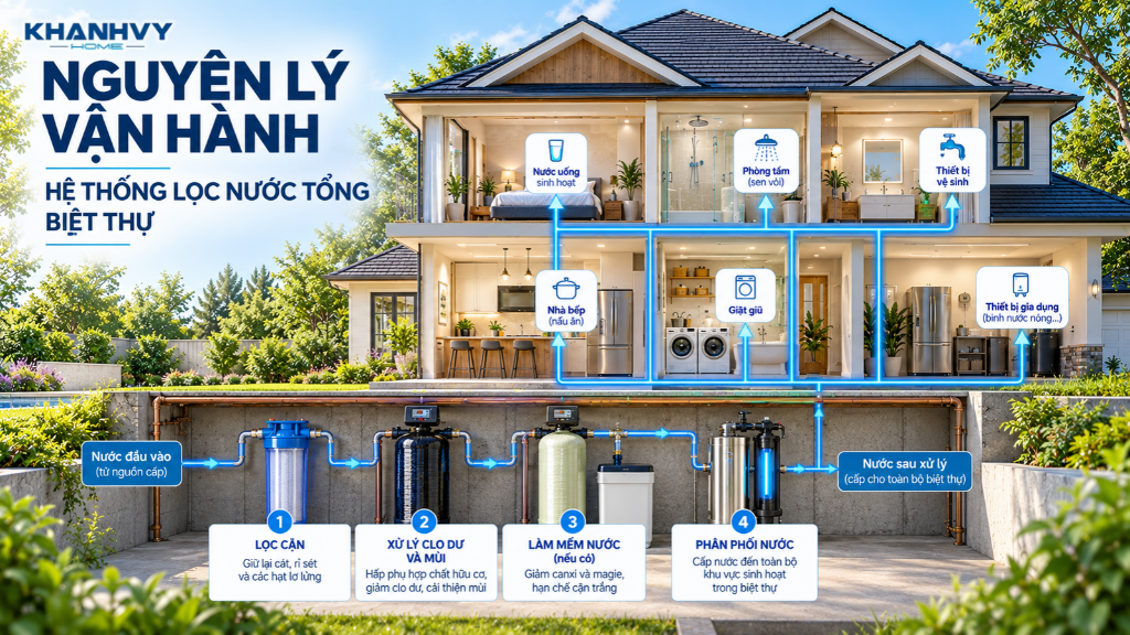 Hệ thống lọc nước tổng vận hành qua nhiều cấp xử lý, giúp cải thiện chất lượng nước sinh hoạt cho biệt thự.