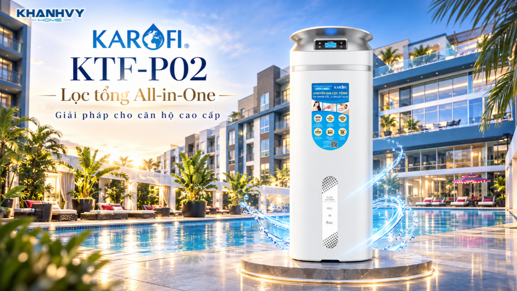 Lọc tổng trung tâm cao cấp Karofi KTF-P02 là giải pháp toàn diện lọc nước đầu nguồn dành cho nhà biệt thự, chung cư, nhà phố