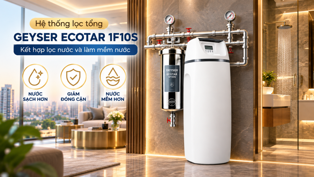 Geyser Ecotar 1F10S là bộ lọc tổng đầu nguồn phù hợp với căn hộ chung cư cho nguồn nước cứng, nhiều cặn vôi bao gồm module lọc Aragon 6 in 1