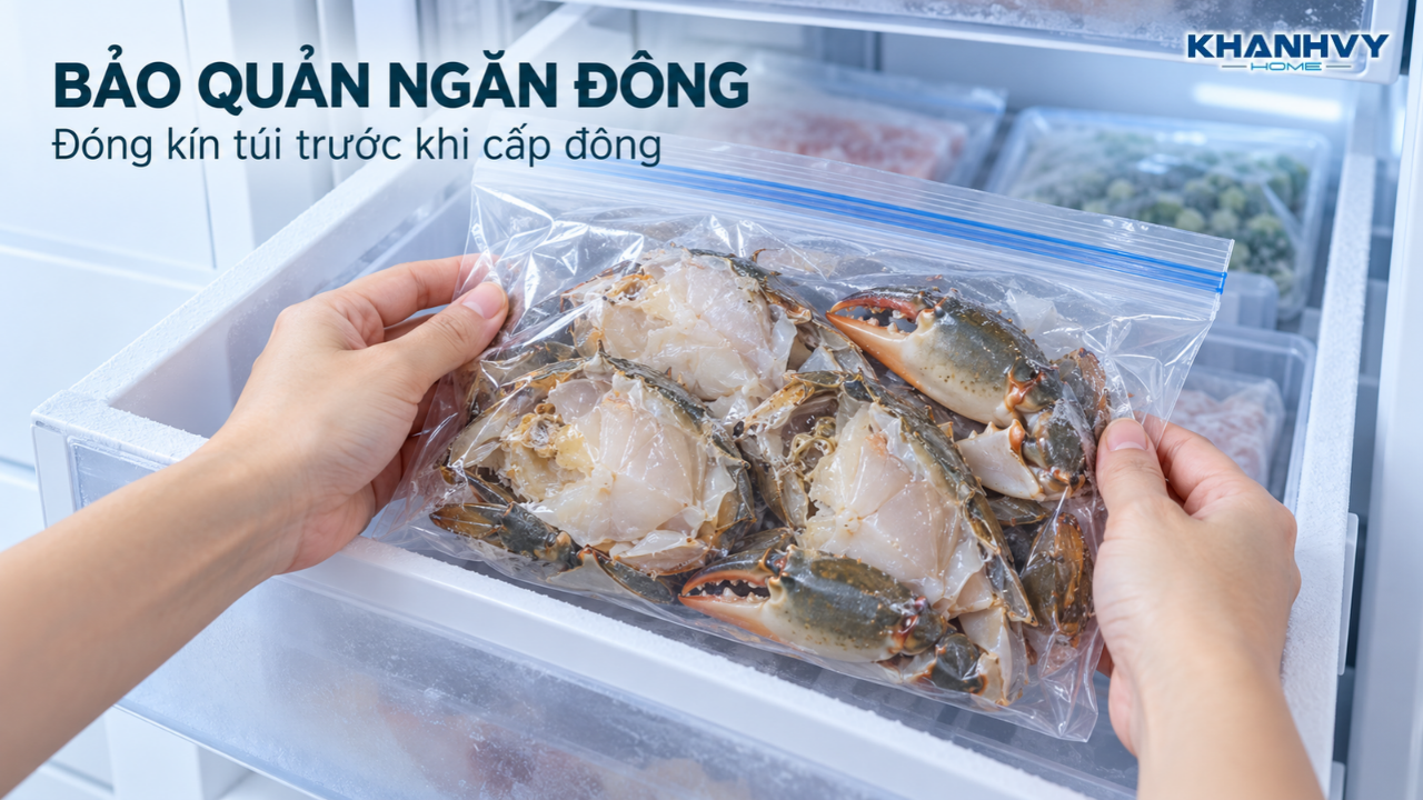 Đóng kín túi zip trước khi cho cua vào ngăn đông