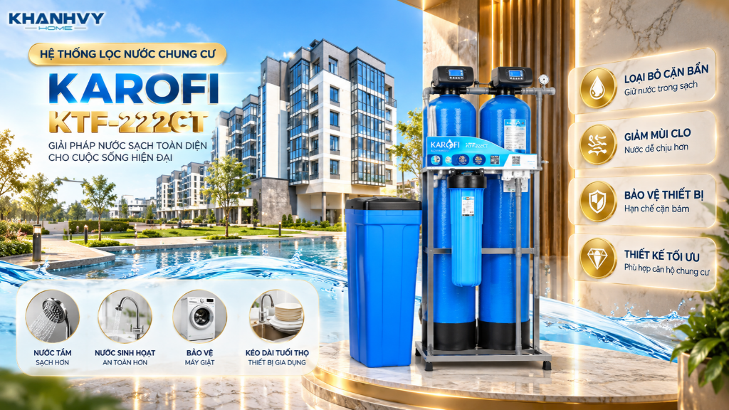 Hệ thống lọc nước tổng đầu nguồn Karofi KTF - 222C với các vật liệu lọc cao cấp được nhập khẩu G20 mang lại nguồn nước sạch