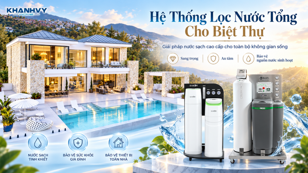 Hệ thống lọc nước tổng giúp cải thiện nguồn nước sinh hoạt, mang đến tiện nghi cho không gian biệt thự.