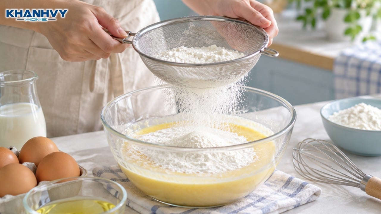 Rây bột vào vào tô để bột không bị vón cục