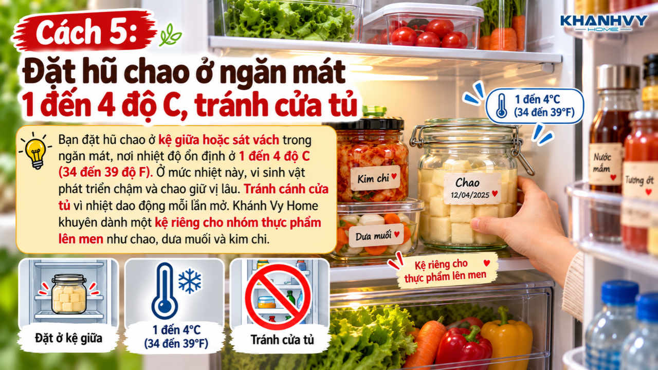 Hũ chao được đặt trên kệ ngăn mát, tránh vị trí cửa tủ