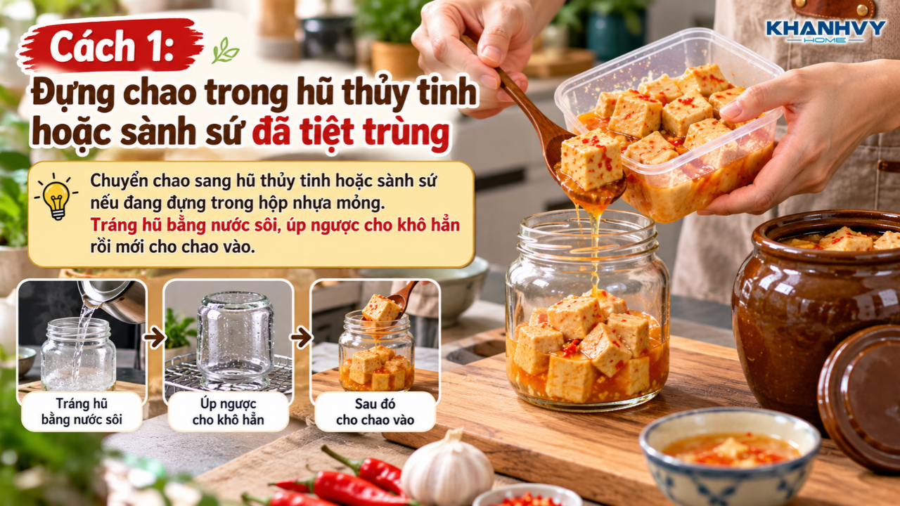 Những miếng chao được ngâm ngập trong nước để hạn chế nấm mốc