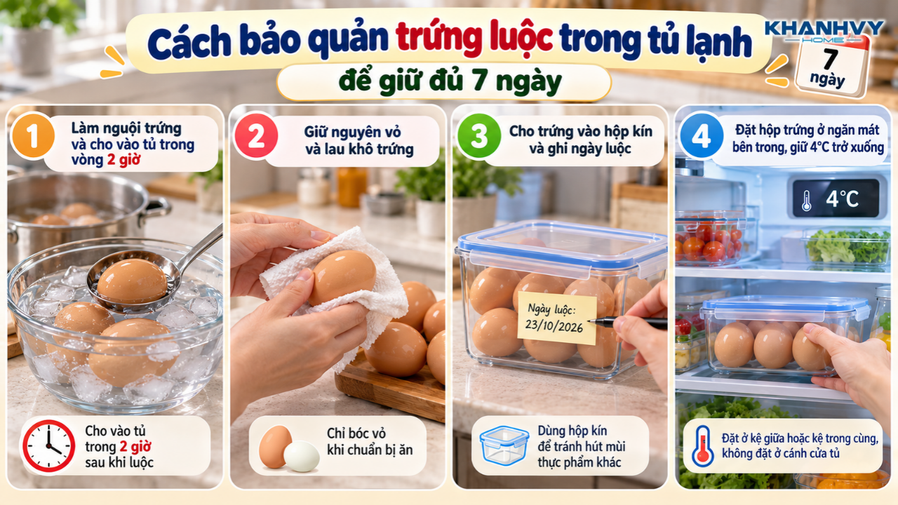 Trứng luộc được làm nguội, lau khô và cất trong hộp kín ở ngăn mát