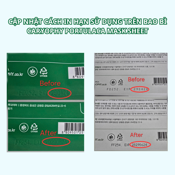 THÔNG BÁO CARYOPHY CẬP NHẬT CÁCH IN HẠN SỬ DỤNG (EXP) TRÊN BAO BÌ