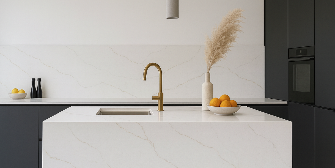 Calacatta Marfil Gold features a warm white background with soft, organic gold veining that brings subtle luxury and a naturally elegant look to any interior surface.