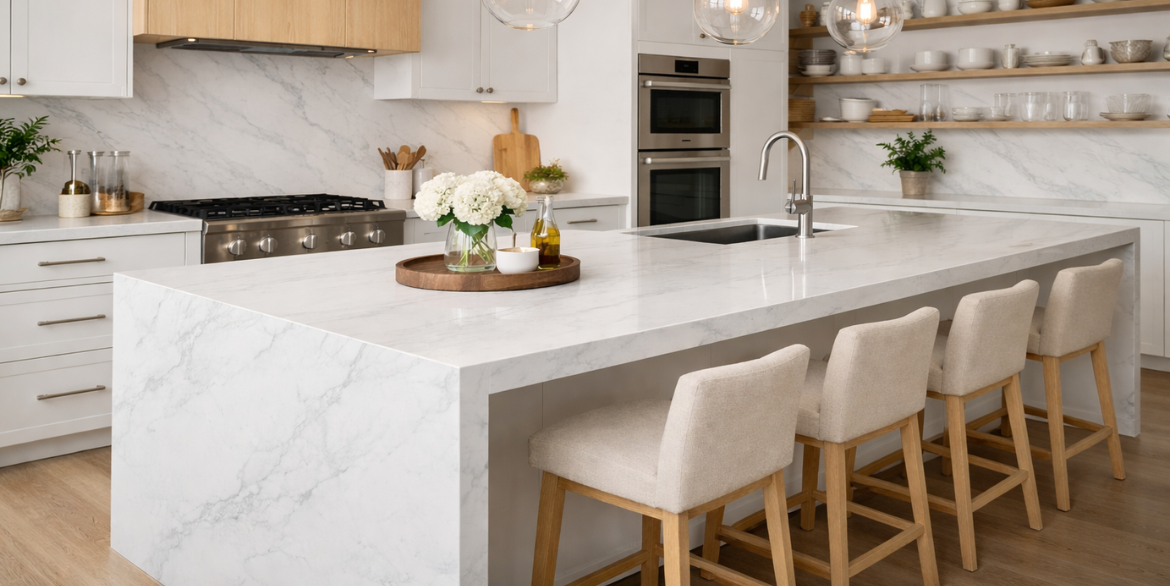 Calacatta Aquamarine features a bright white background with soft, flowing grey veining that moves naturally across the slab.