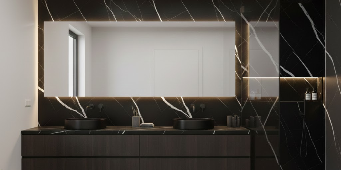 Calacatta Black Maracaibo features a deep black background cut through by bold white diagonal veins and fine intersecting lines, creating a dramatic high contrast look ideal for statement countertops, islands and feature walls.