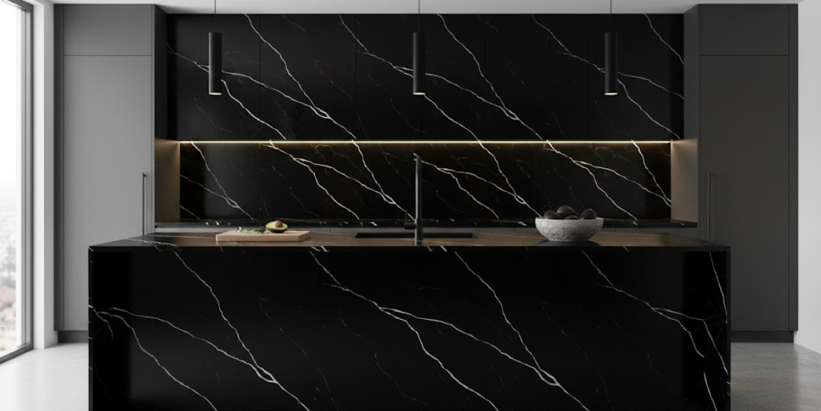 Calacatta Black Maracaibo features a deep black background cut through by bold white diagonal veins and fine intersecting lines, creating a dramatic high contrast look ideal for statement countertops, islands and feature walls.