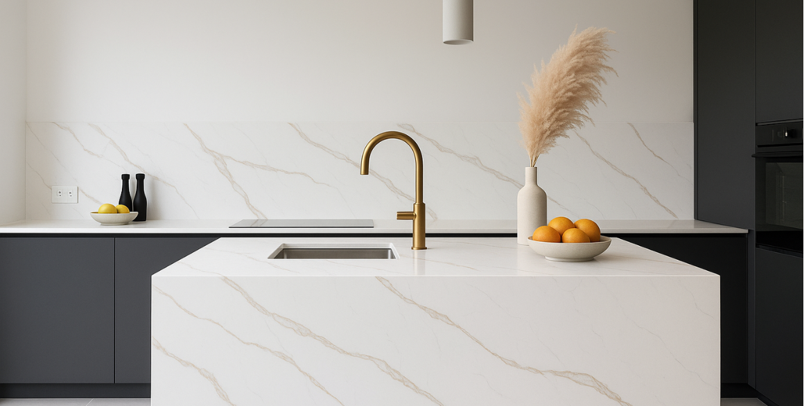 Calacatta Cipollino features a crisp white background highlighted by soft gold-grey linear veining, bringing a refined, modern elegance to any interior surface.