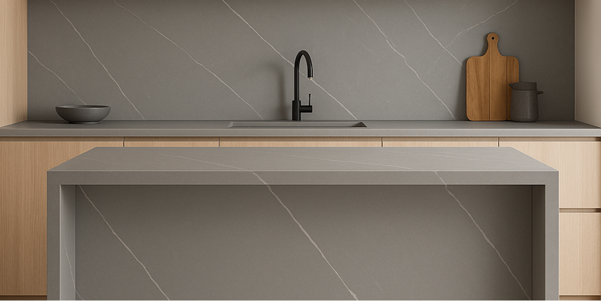 Calacatta Dramatic features a smooth cool-grey background accented by thin, crisp white veins that create a clean, modern, and subtly striking look for contemporary interiors.
