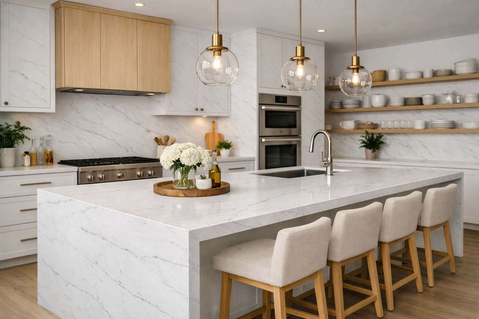 Calacatta Emanto features a soft white background with gentle, linear grey veining that flows subtly across the surface.