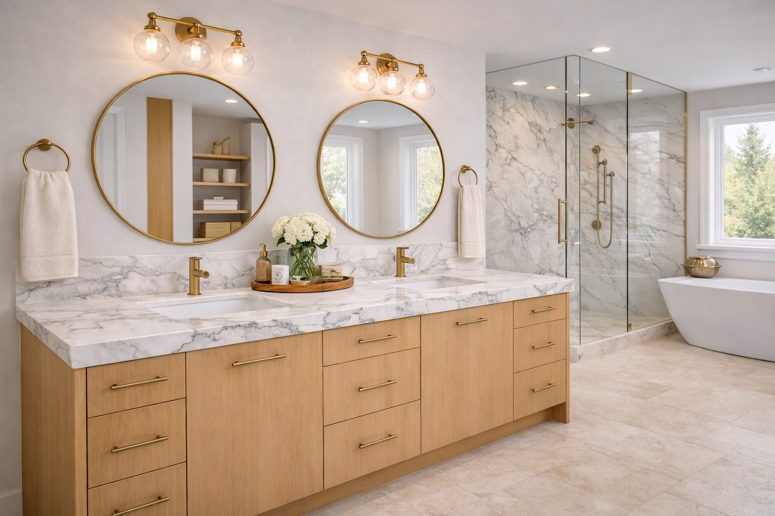 Calacatta FiJi quartz is showcased in this bathroom vanity design with a bright white background and bold natural grey veining that flows organically across the countertop and backsplash.