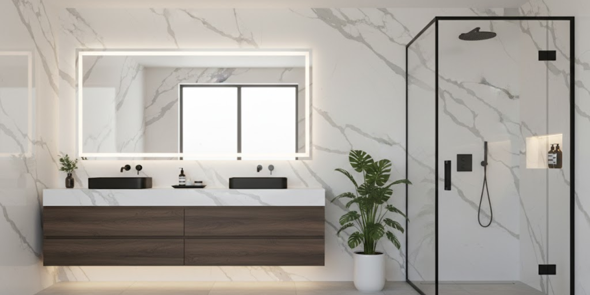 Calacatta Garnet Gold features a crisp white background with soft, flowing grey veins delicately outlined in warm gold.
