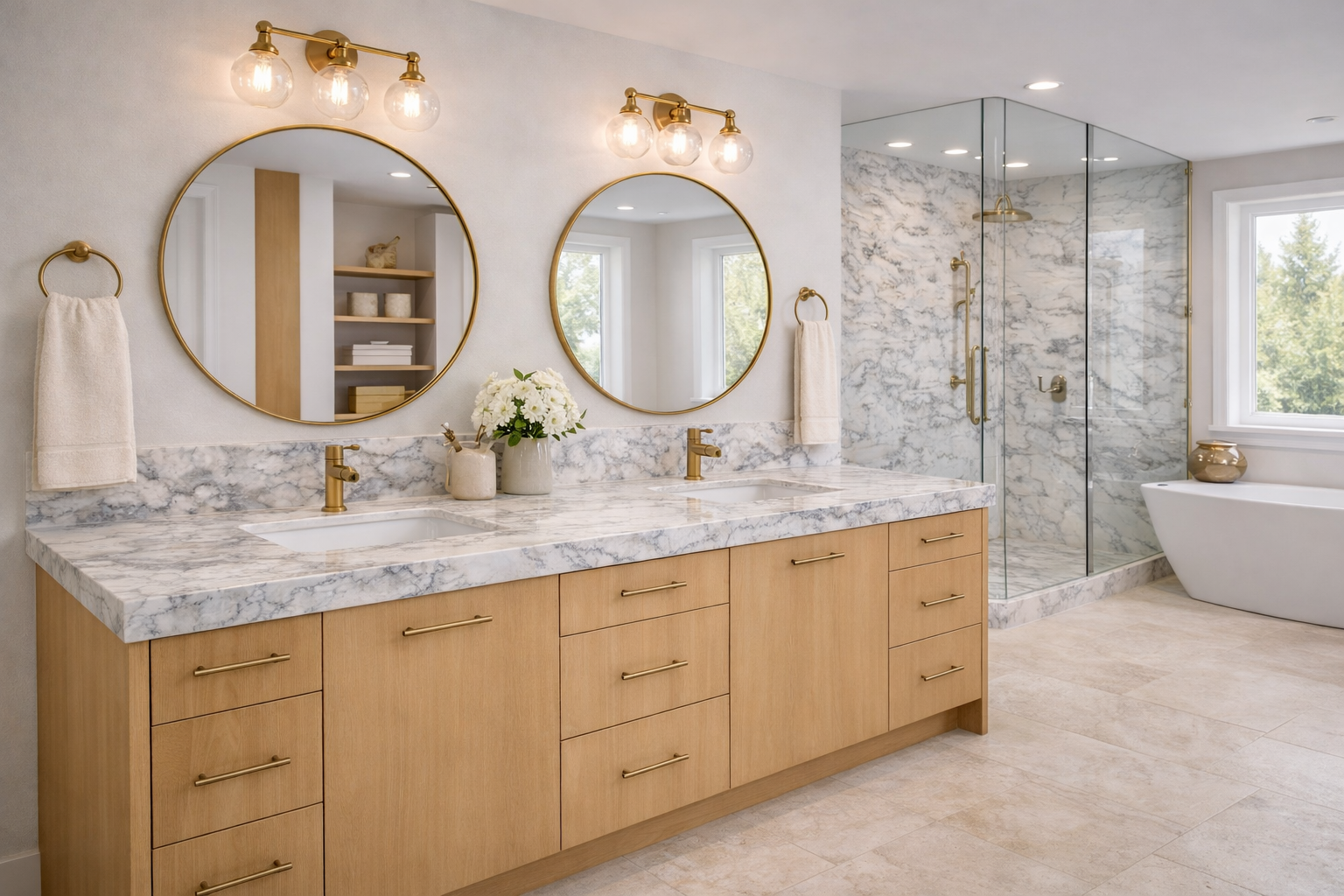 Calacatta Kinoss features a bright white background with layered grey veining and mineral-like cloudy patterns that spread organically across the surface.