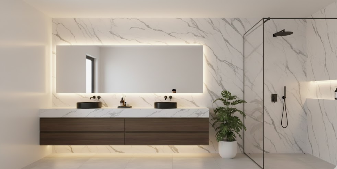 Calacatta Laguna quartz features a bright white background with soft flowing grey veins, perfect for modern countertops, islands and wall applications.