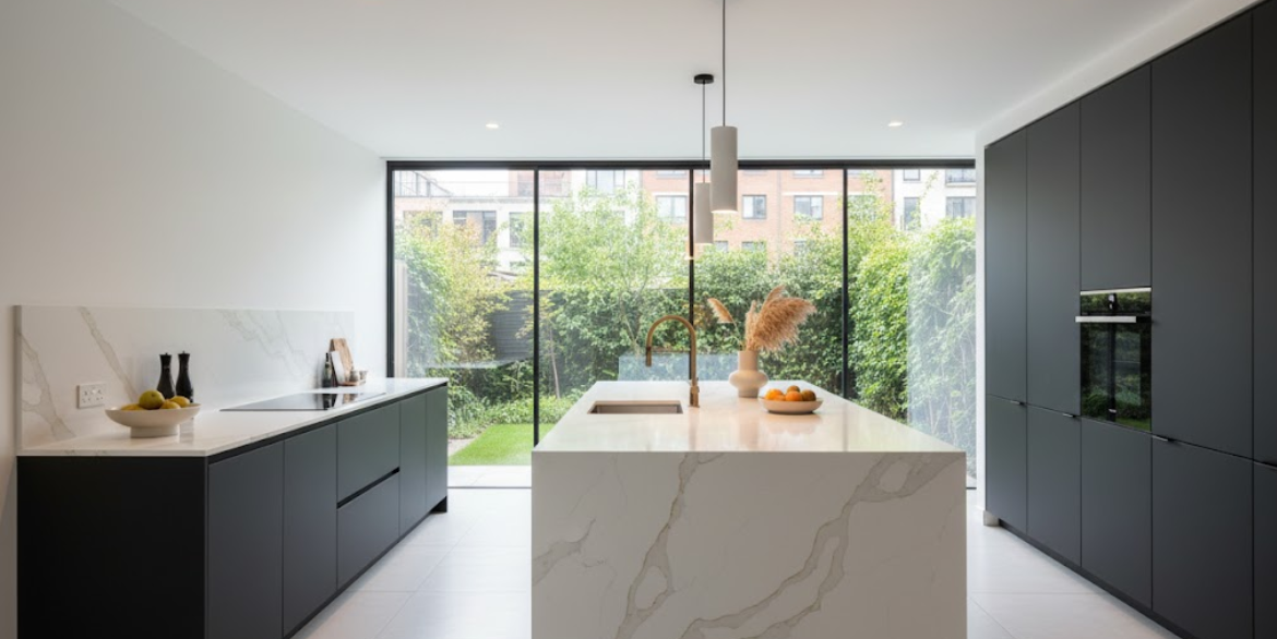 Calacatta Lava Gold features a bright white background accented with smooth flowing gold veining, bringing a warm, refined elegance that enhances both modern and classic interior designs.
