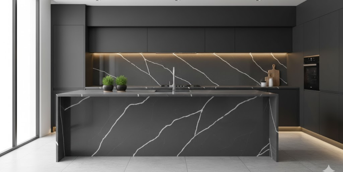 Calacatta Nero features a deep charcoal-grey background accented by long, sharp white veining that creates a bold high-contrast marble look.