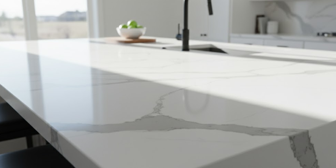 Calacatta Odyssey features a crisp white background accented by distinctive grey web-veins that move naturally across the surface.