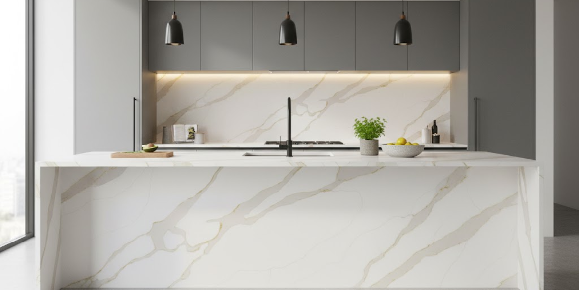 Calacatta Onyx features a crisp white background with broad soft gray veins edged in warm gold, creating a bright luxurious marble look. Its flowing pattern is ideal for countertops, islands, and feature walls.