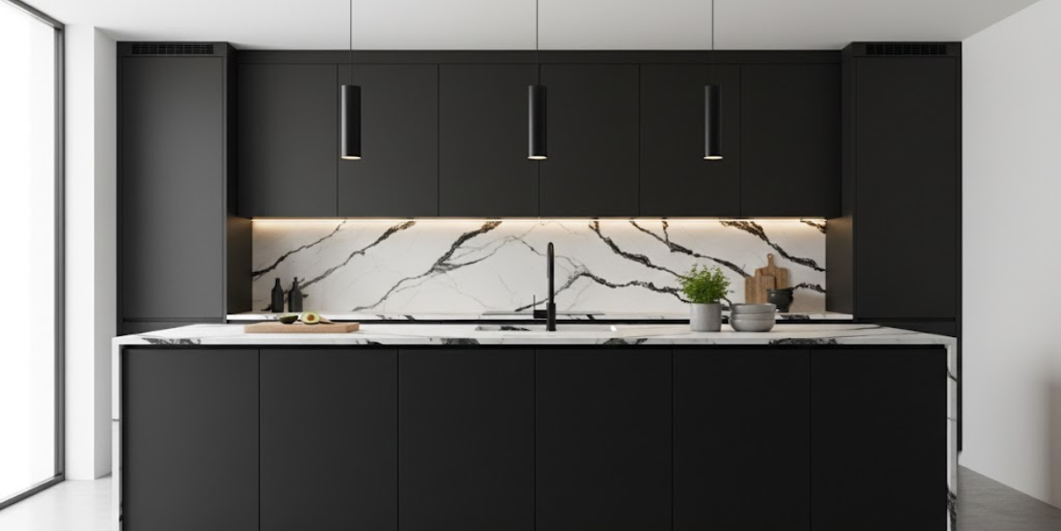 Calacatta Pumice features a pure white background cut by bold, charcoal-black veins that create a striking, high-contrast marble look.