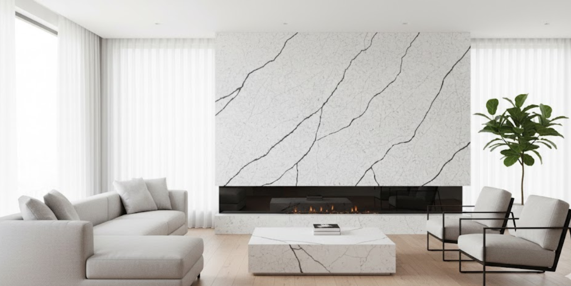 Calacatta Retro features a clean white background with bold, retro-inspired veining that flows in wide, expressive patterns.