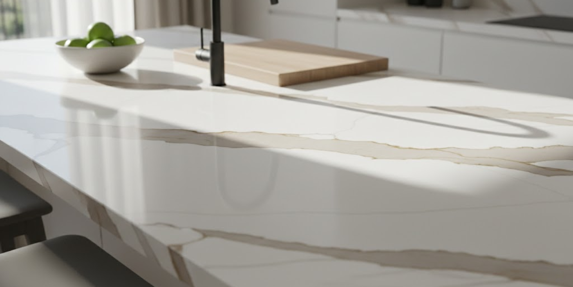 Calacatta Spinel features a pure white background highlighted by long, soft veins that flow gently across the surface.