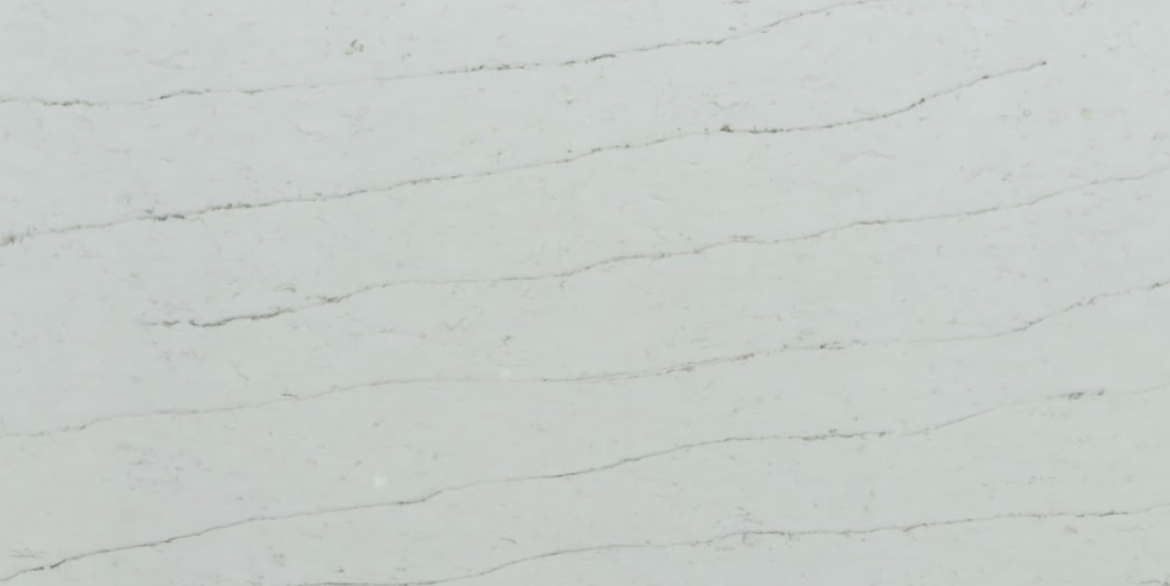 Calacatta Emanto quartz slab with soft white background and fine linear grey veining for modern kitchen countertops and interior surfaces
