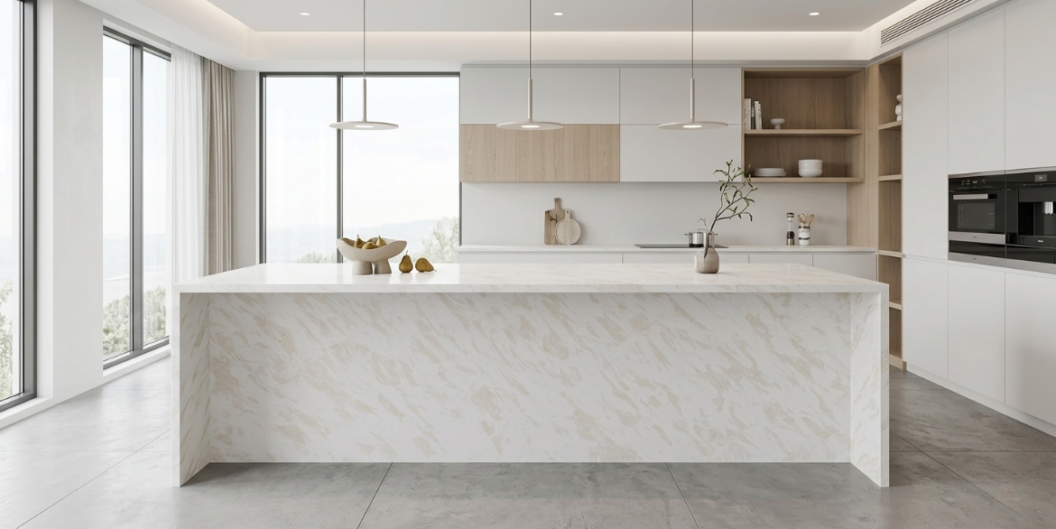 Calacatta Mafic delivers a warm white base with soft beige-golden veining, offering a natural marble look with smooth flow and refined elegance, ideal for modern, high-end interiors.