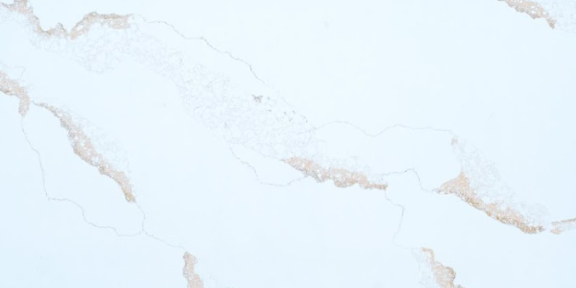 Calacatta Nova Gold quartz slab with bright white background and bold flowing gold veining for luxury kitchen countertops and interior surfaces