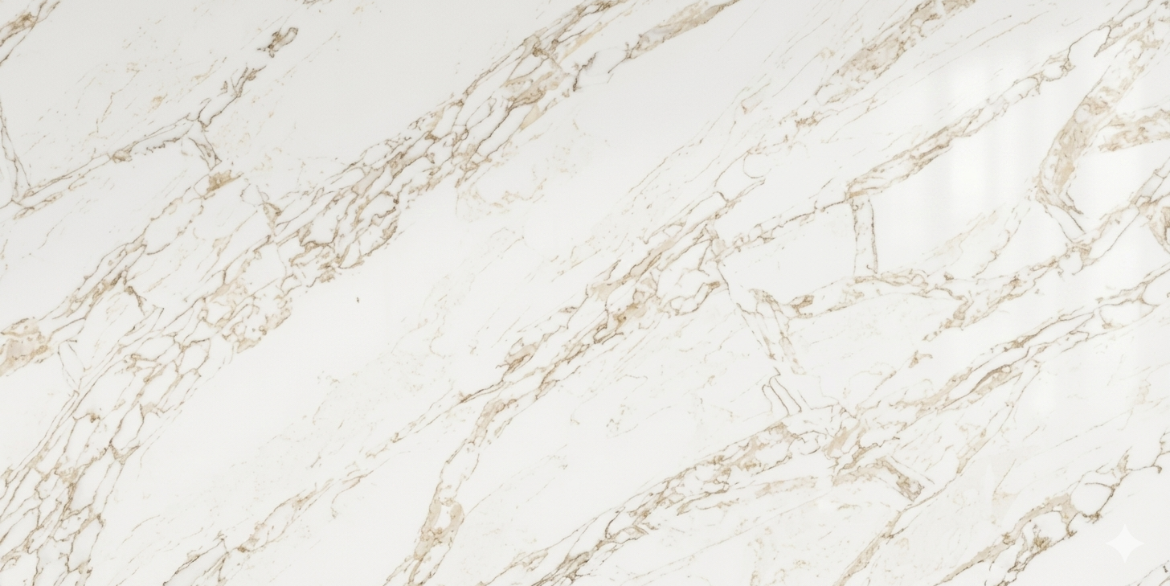 Calacatta Volvo quartz slab with bold golden-beige veining on a bright white base.