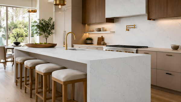 Calacatta Giotto quartz slab with soft white background and delicate crackled grey veining for modern kitchen countertops and interior surfaces