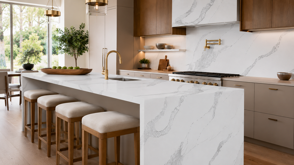 Calacatta Bianco Bella quartz slab with bright white background and bold flowing grey veining for luxury kitchen countertops and interior surfaces