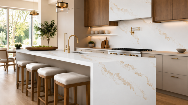 Calacatta Nova Gold quartz slab with bright white background and bold flowing gold veining for luxury kitchen countertops and interior surfaces