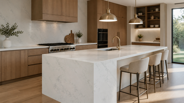 Calacatta Aquamarine quartz slab with soft white background and delicate smoky grey veining for modern kitchen countertops and interior surfaces