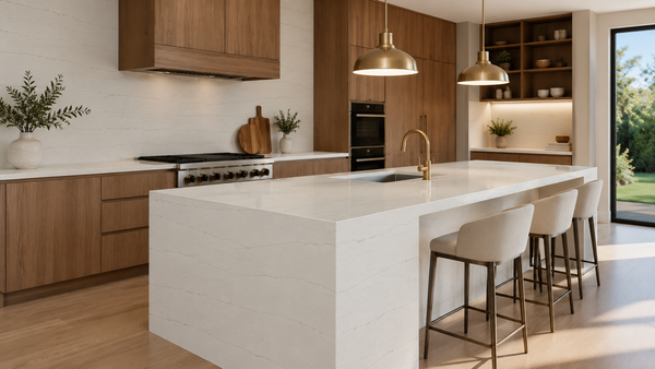 Calacatta Emanto quartz slab with soft white background and fine linear grey veining for modern kitchen countertops and interior surfaces