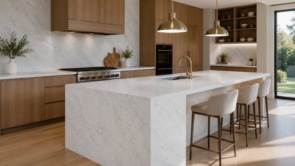 Calacatta Fiji quartz slab with bright white background and layered flowing grey veining for luxury kitchen countertops and interior surfaces