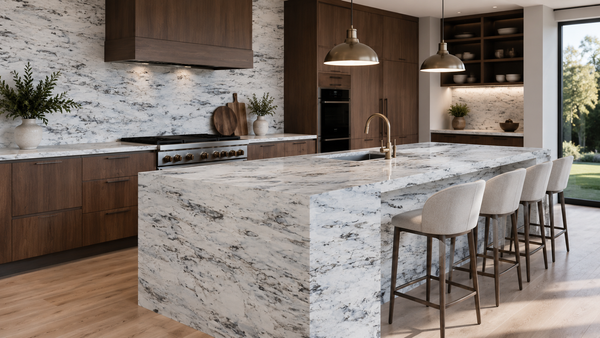Calacatta Kinoss quartz slab with soft white background and bold layered grey veining for luxury kitchen countertops and interior surfaces