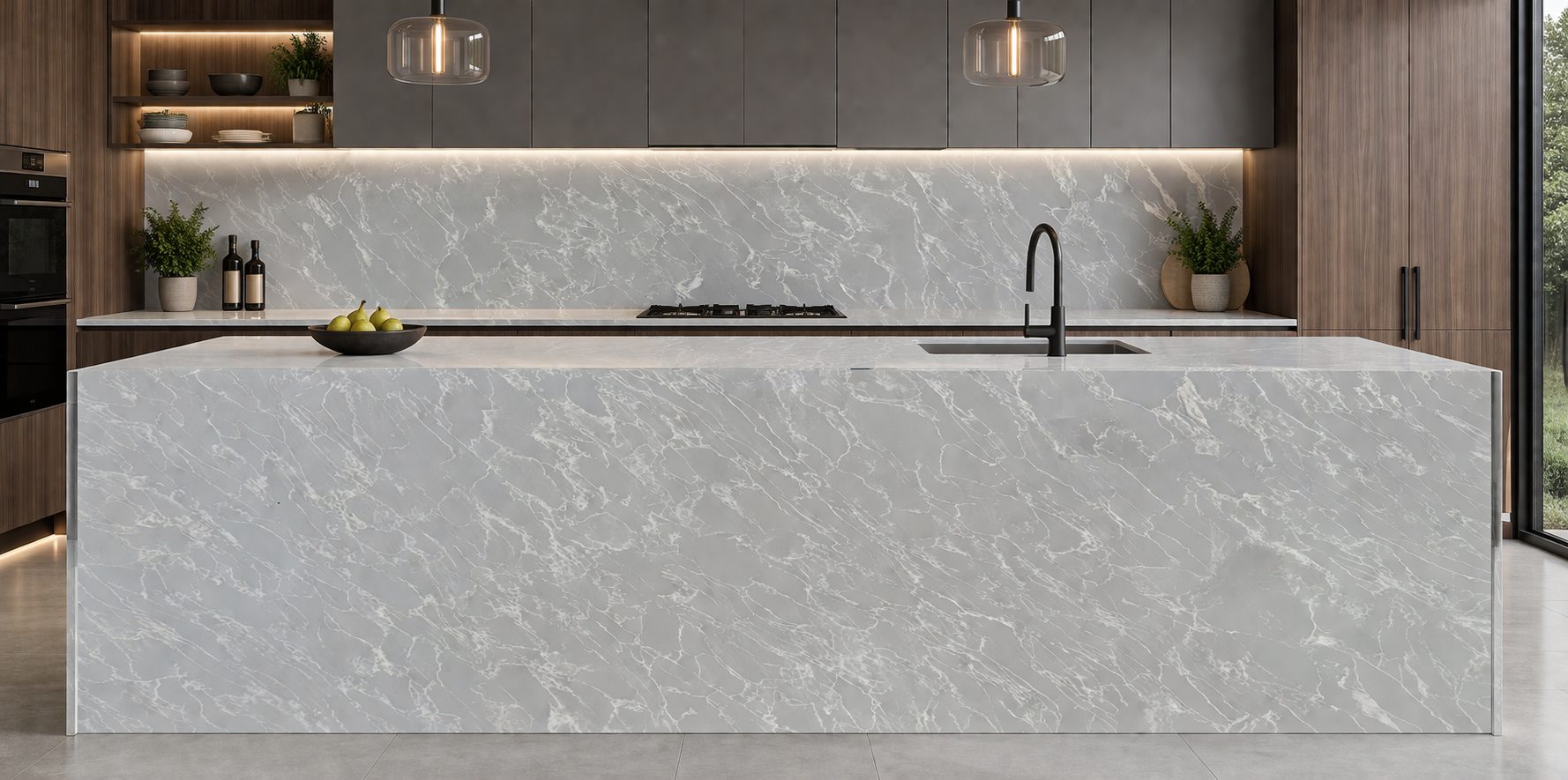 Calacatta Platinum quartz slab with long white veining on a cool light grey base.