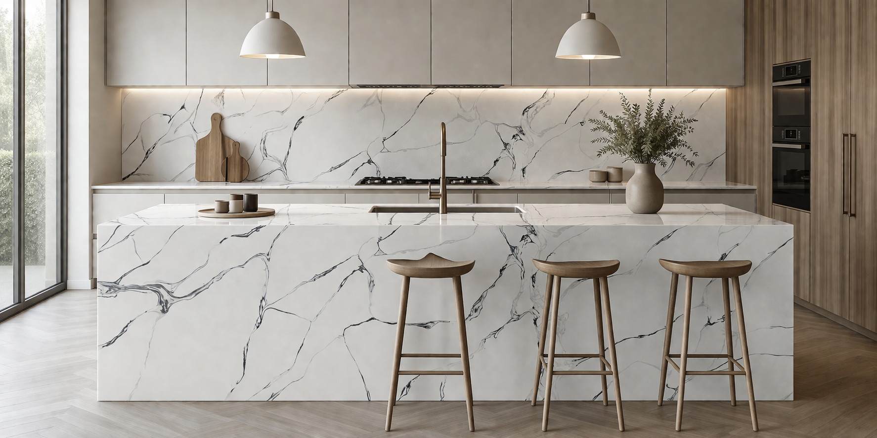 Calacatta Ventico quartz slab with bold black veining on a bright white base.