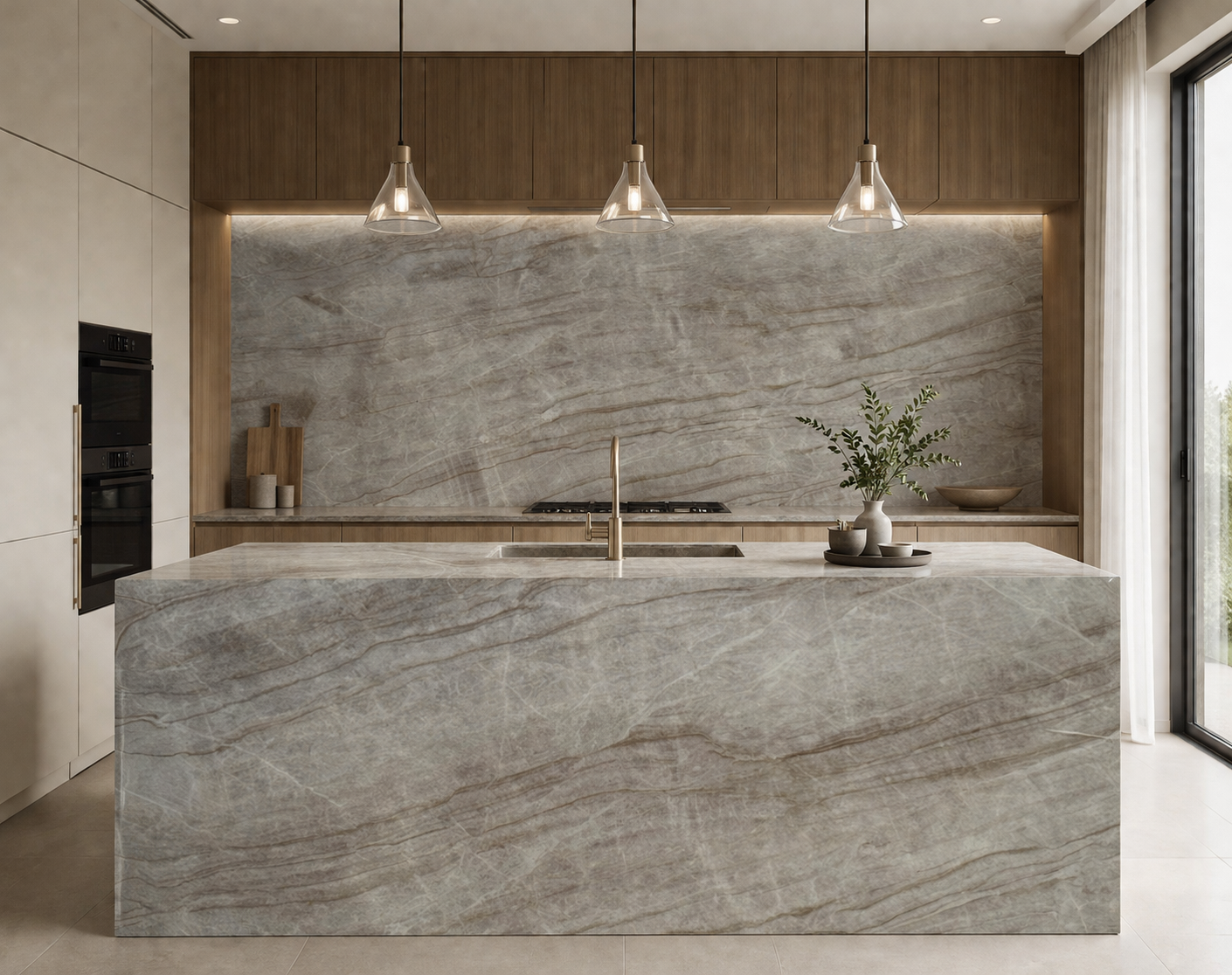 Taj Mahal quartz slab with soft beige and taupe veining on a warm ivory base.