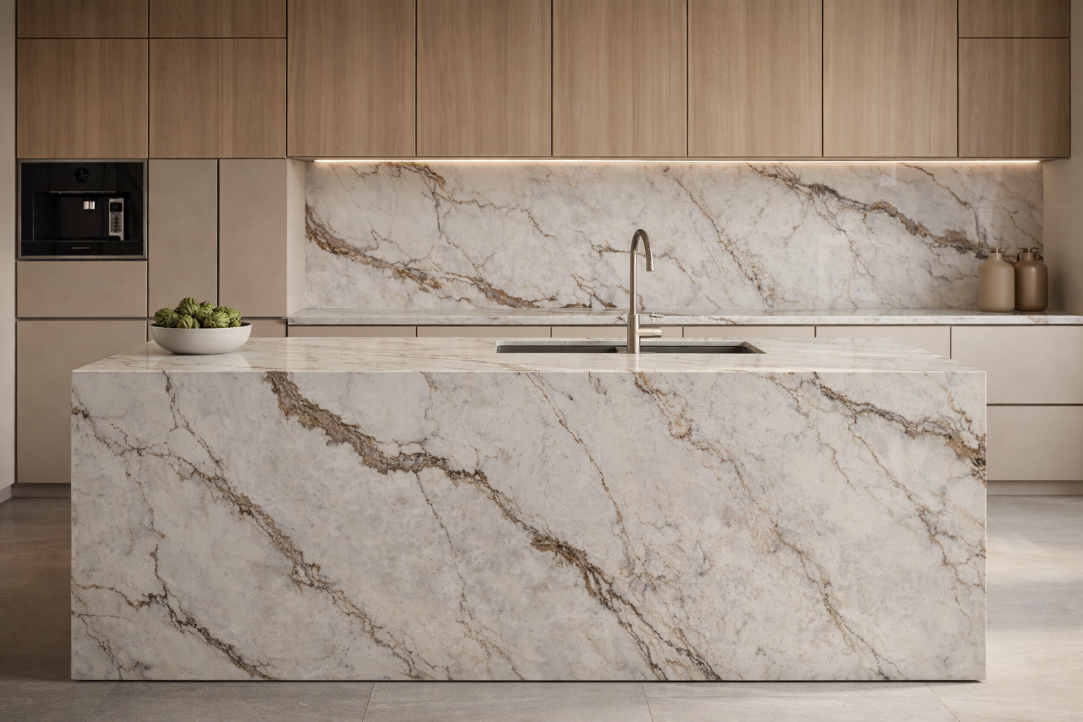 Lyra quartz slab with bold brown veining on a warm ivory base.