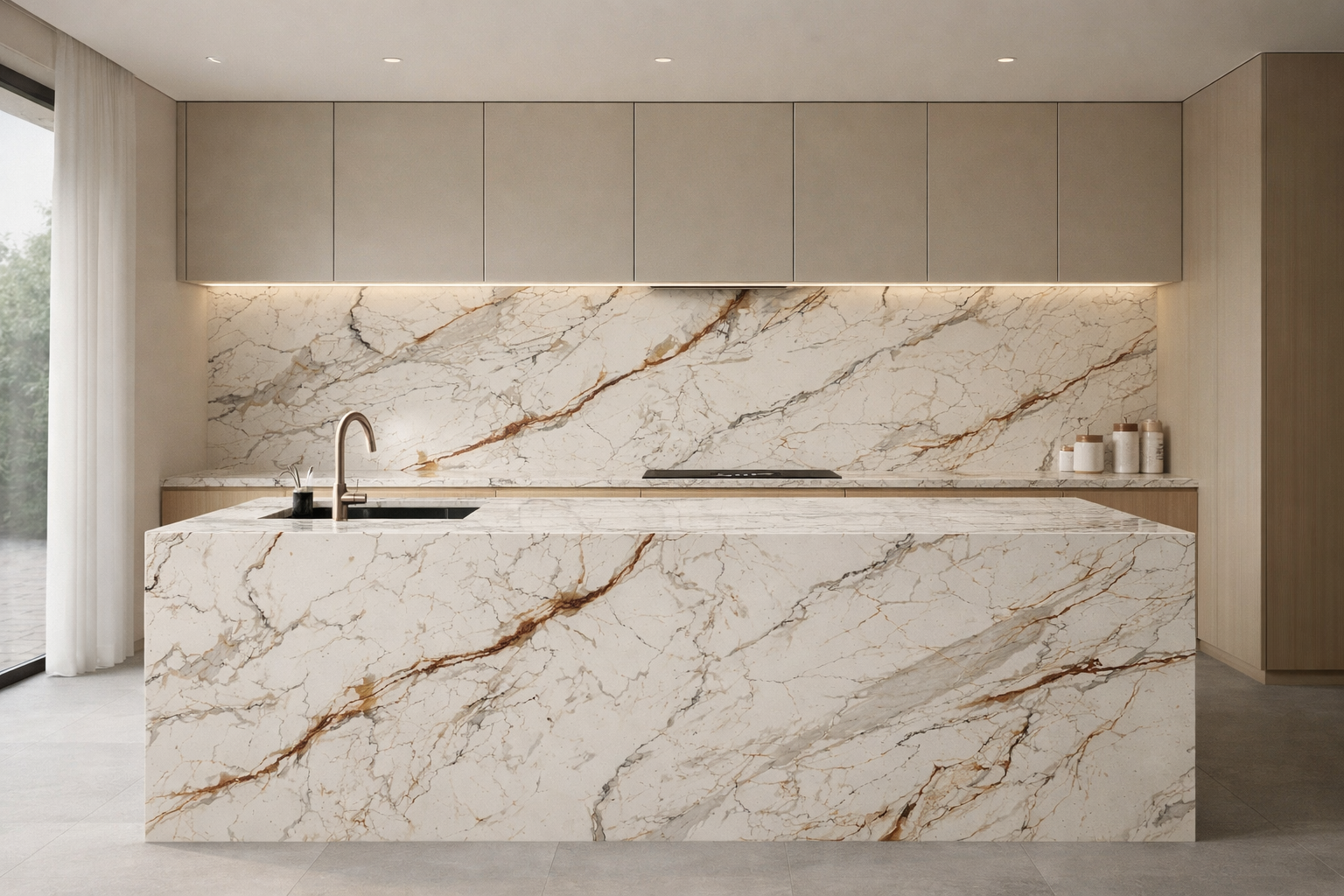 Perlato quartz slab with bold brown and rust veining on a warm ivory base.
