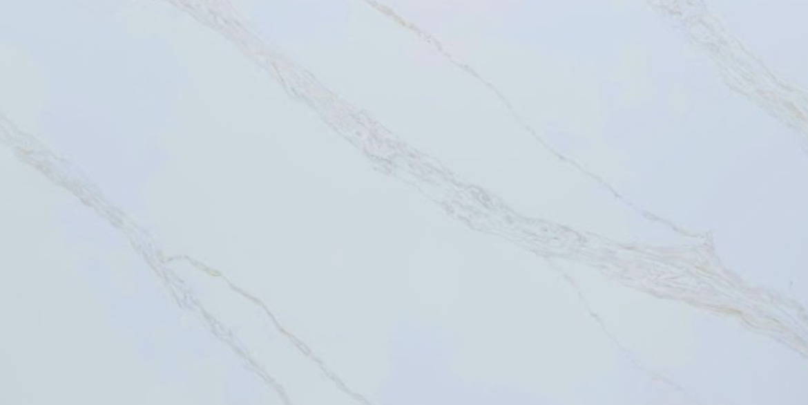Calacatta Golden Poseidon quartz slab with white background and soft golden taupe veining for modern kitchen countertops and islands